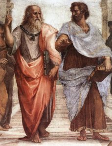 Detail from a fresco by Raphael showing Plato holding the Timaeus, and Aristotle holding the Ethics