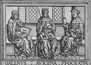 A woodcut image of classical physicians Galen, Ibn Sina (Avicenna), and Hippocrates sitting on a bench, each holding a book, from a 16th century medical book.