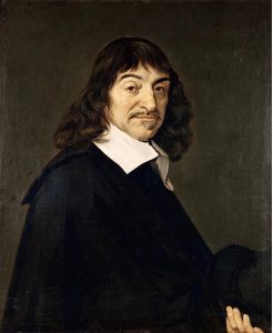 Portrait in oils of Rene Descartes, painted by Frans Hals around 1649. Decartes has shoulder length dark hair and a moustache, wearing dark clothing with a large white collar.