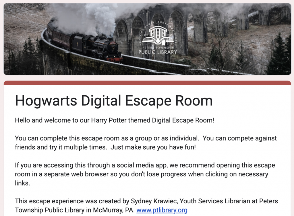 Screenshot of Hogwarts Digital Escape Room