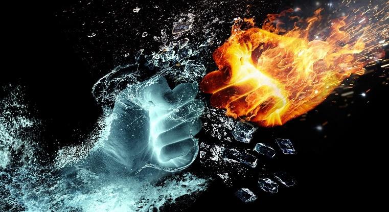 Fists crashing into one another. One is made of fire, the other of ice
