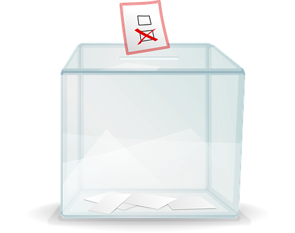 Glass ballot box with ballot paper being inserted with red x