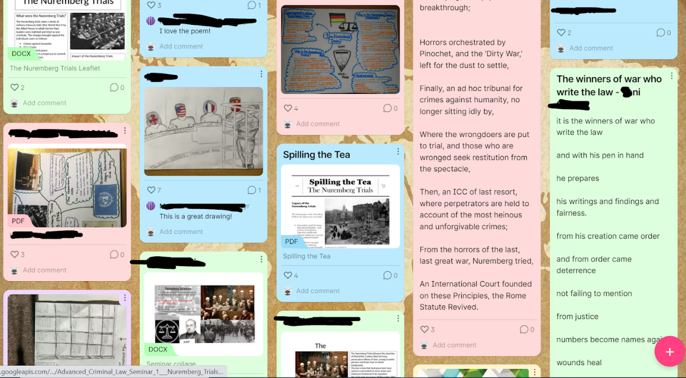 Screenshot of part of the completed Padlet - showing student poems, drawings, collages and articles