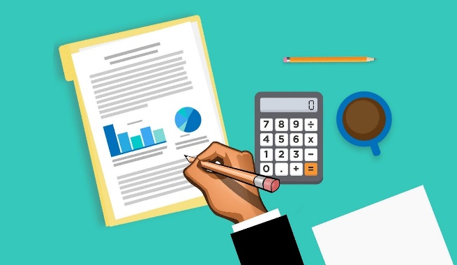 Illustration of a report being completed with a hand holding a pencil. There is a coffee cup and calculator beside the report.