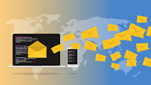 Image of email messages from laptop and phone, represented by yellow envelopes flying out of screen. A map of the world is in the background
