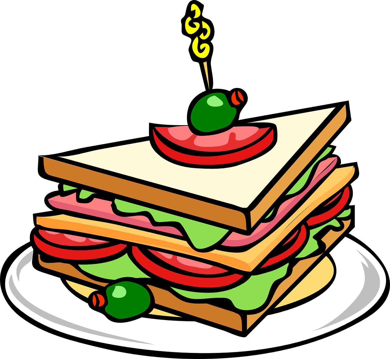 Illustration of a triangular sandwich, filled with ham, lettuce topped with a tomato and olive skewered at the top on a white plate