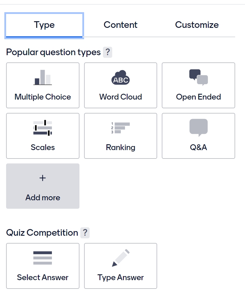 A screenshot of the different question types - multiple choice, word cloud, open ended, scales, ranking, Q&A
