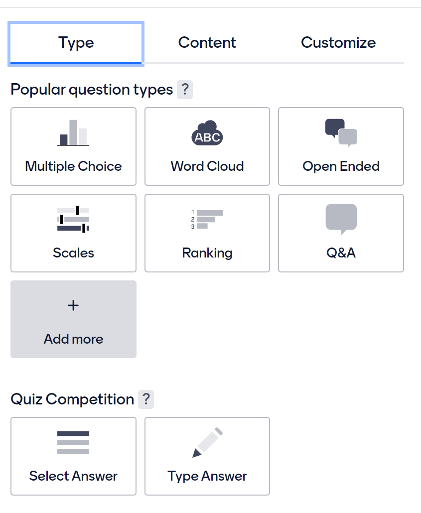 A screenshot of the different question types - multiple choice, word cloud, open ended, scales, ranking, Q&amp;A