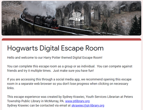 An example of an online escape room named 'Hogwarts Digital Escape Room', created using Google Forms. The heading reads 'Hogwarts Digital Escape Room'. 