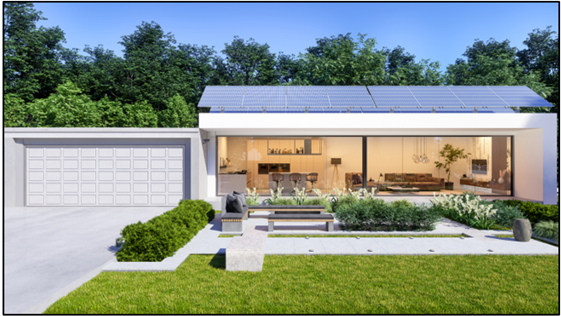 Photo of house with attached garage, solar panels on the roof and a well kept patio area. The house has a double glass patio windows showing the living room and kitchen areas