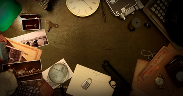 Photo of desk show random objects: clock, lock, police file, key, bleed key, camera, typewriter etc on an old desk with a dark atmosphere lit by a table light