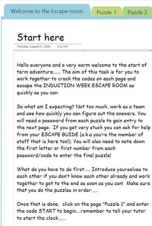 Screen shot of instructions on how to start