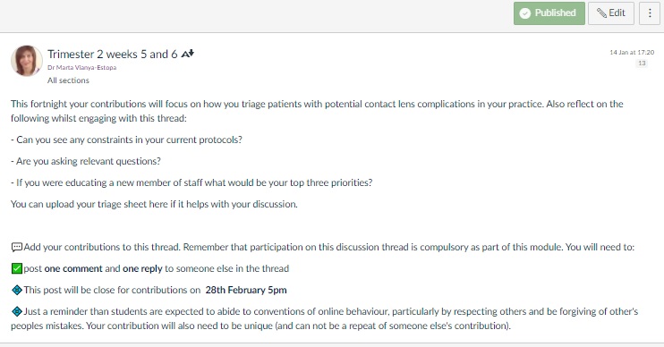 Screenshot - Example of a Discussion thread on Canvas