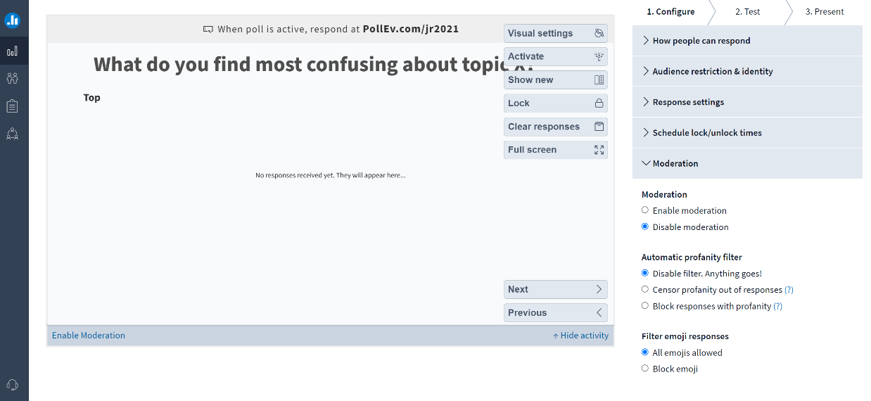 Screenshot of an example poll screen from Poll Everywhere, with the title "What do you find most confusing about topic X?"