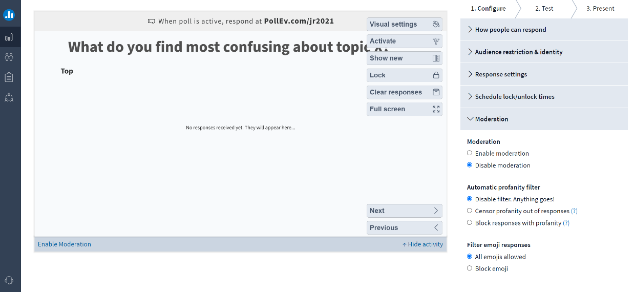 Screenshot of an example poll screen from Poll Everywhere, with the title &quot;What do you find most confusing about topic X?&quot;