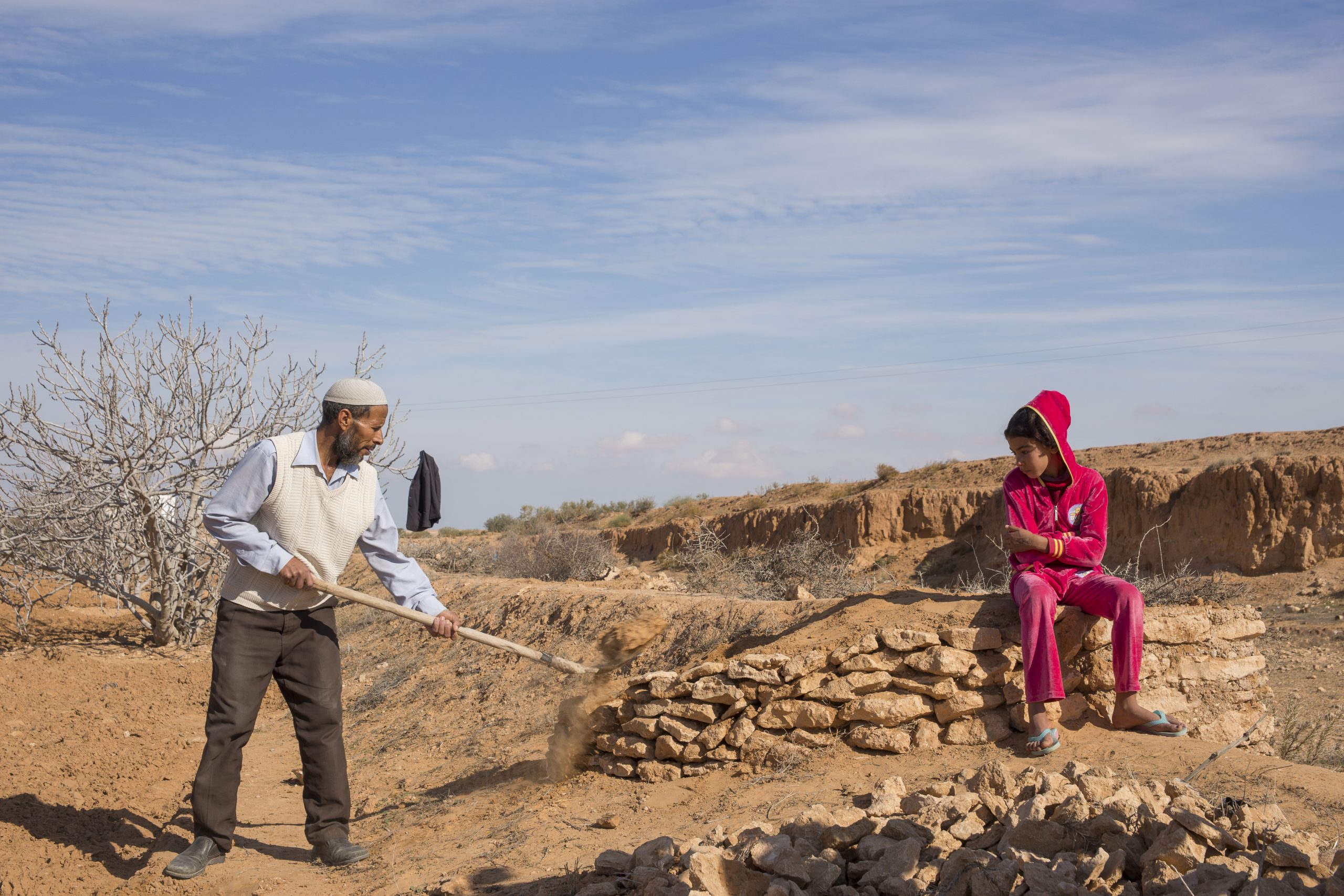 A farmer in Tunisia uses stones to build a jessour to harvest water