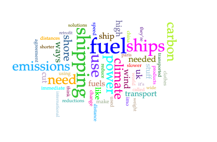 Image showing key words in the transcript. The most frequently used words are: fuel (12); shipping (8); ships (7); use (6); power (5); climate (5); carbon (5).