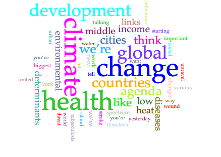 Image showing key words in the audio transcript. The most frequently used words are: health (12), climate (11), change (11), global (7), development (6), countries (5).