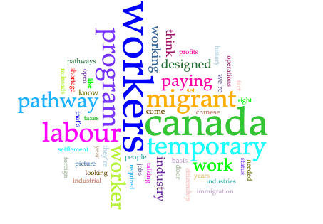Image showing key words in the audio transcript. The most frequently used words are: workers (16), Canada (14), labour (9), temporary (8), programme (8).