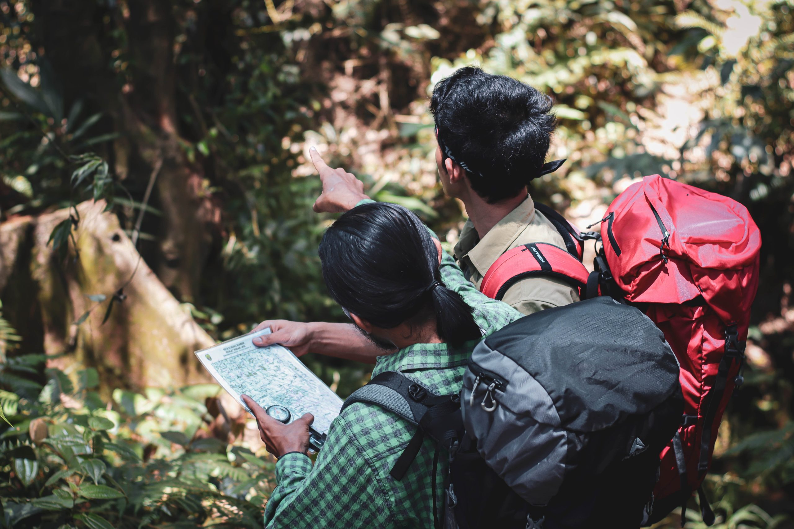 Photograph of two people in a natural setting with trees and plants. Both hold a map, with one looking at the map and another pointing and looking into the distance