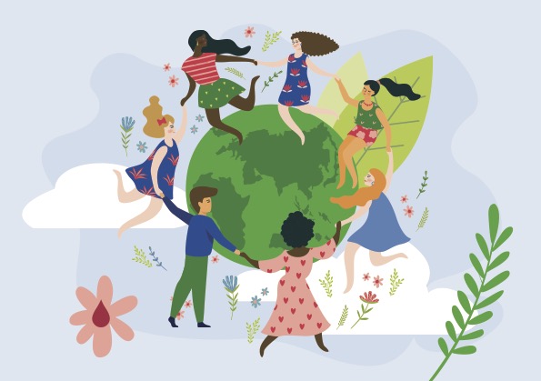 A circle of young females and one male holding hands, dancing around a stylised Earth. Clouds and plants surround the image, including one pink stylised flower with a centre that is dark red and teardrop shaped