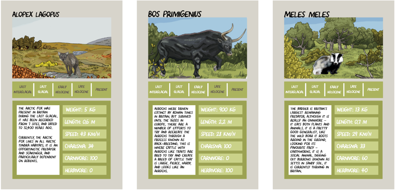 Three Top Trumps cards show a selection of large mammals that have roamed Sussex since the last interglacial period