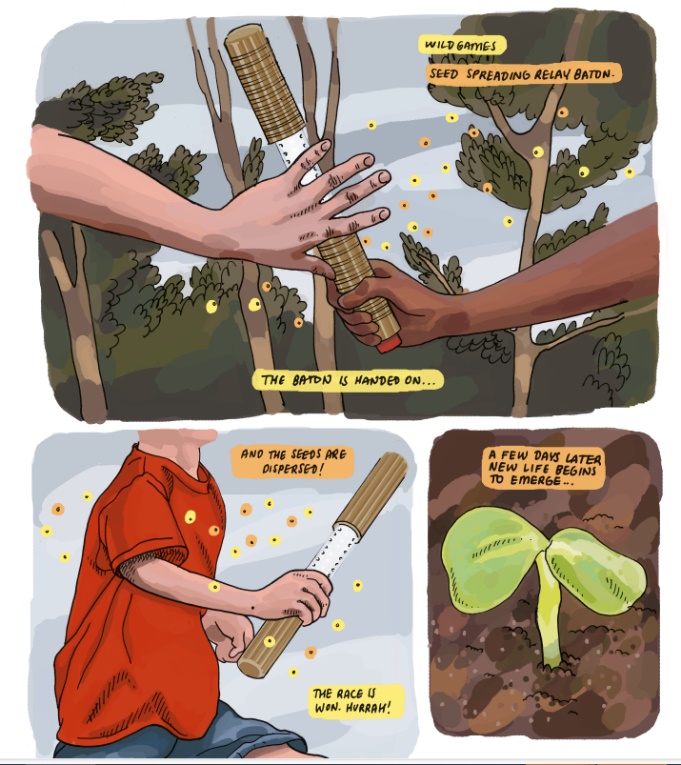 Comic-style graphic of a seed-spreading relay baton in use, being passed from one hand to another, and dispersing seeds as the bearer runs. The final image is of a new seedling sprouting from the earth.