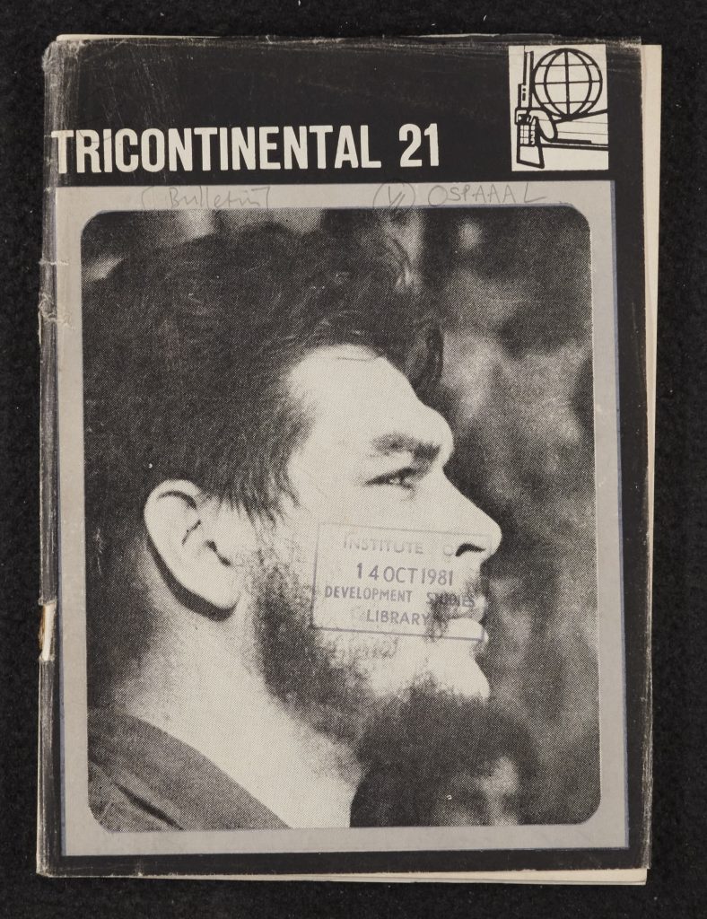 Image credit: Copyright OSPAAAL (1967). Accessed via British Library of Development Studies. Scan courtesy University of Sussex (2024). Used with kind permission. All rights reserved. Front cover of Tricontinental Bulletin, no. 21 (December 1967), depicting a black and white photograph of Che Guevara in profile