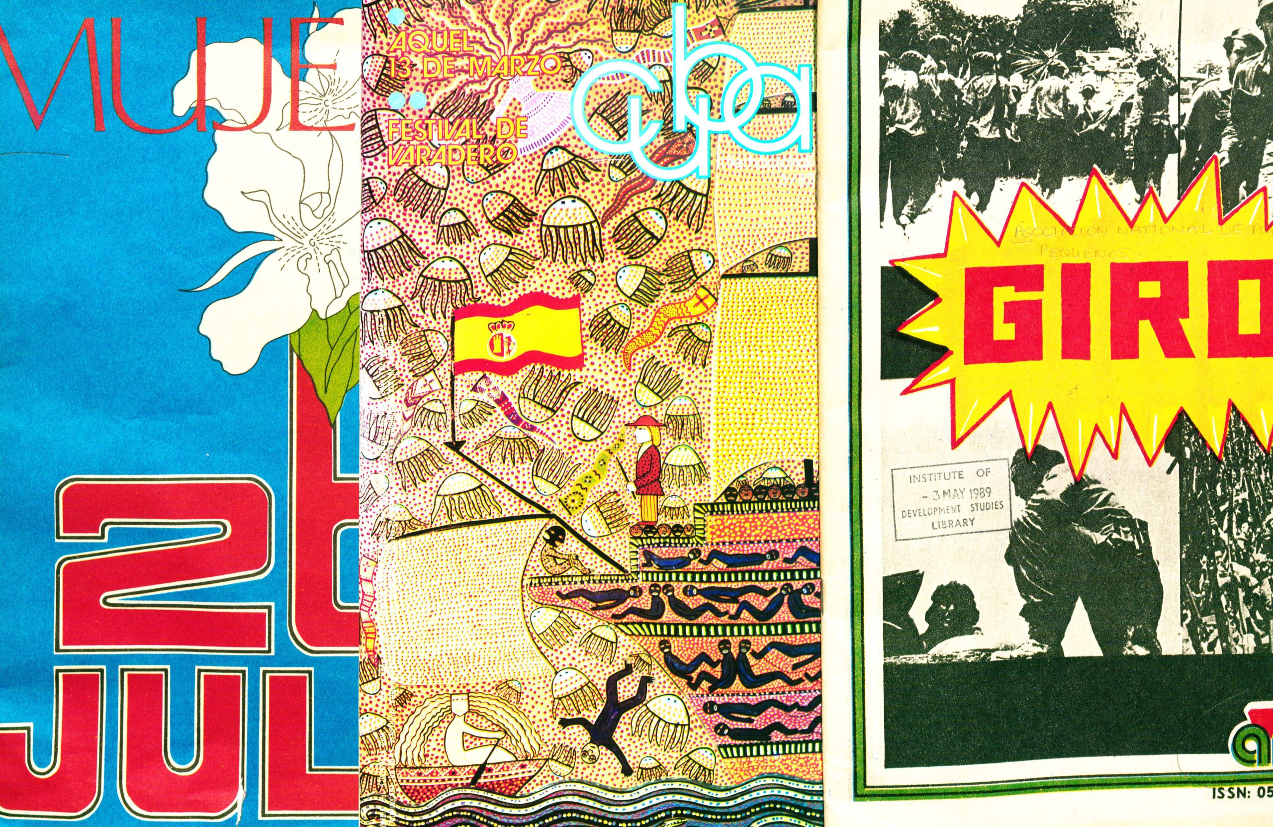 Image credit: Photograph of montage of Cuban journals copyright Daniel Millum (2024). Used with kind permission. All rights reserved. Three covers of Cuban journals side by side. The cover on the left has a blue background with red text on top and an image of a white flower partially visible. The cover in the middle is a pointillist-style drawing in a yellow-orange pallette of a ship transporting bound and apparently enslaved people and flying a Spanish flag, against a background of red dots and white jellyfish. People are shown tightly packed in the ship like cargo, stacked on top of each other with barely any room to move. One person is shown falling from the ship into the sea. A small rowing boat with a sail is heading away from the ship and the falling person. The cover on the right shows black and white photographs with a colourful title over the top that is partially visible. The top photograph could be of a military nature.