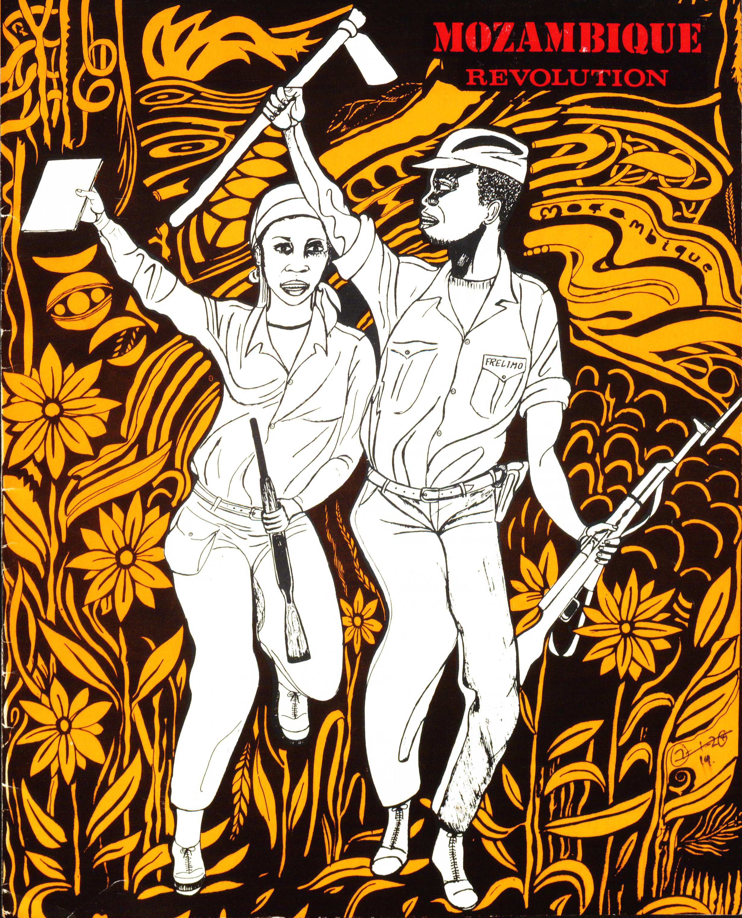 Image credit: Copyright FRELIMO (1973). Front cover of Mozambique Revolution, No. 55, April-June. Accessed via the British Library for Development Studies Legacy Collection. Scan copyright University of Sussex (2024). Used with kind permission. All rights reserved.. A line drawing of two people in black and white on a black and yellow flower-patterned landscape. The woman is carrying a book held aloft in her right hand and a rifle in her left. The man is carrying a hand axe held aloft in his right hand and a rifle in his left. They both appear to be in combat clothing. The title 'Mozambique Revolution' is in red in the top right-hand corner.