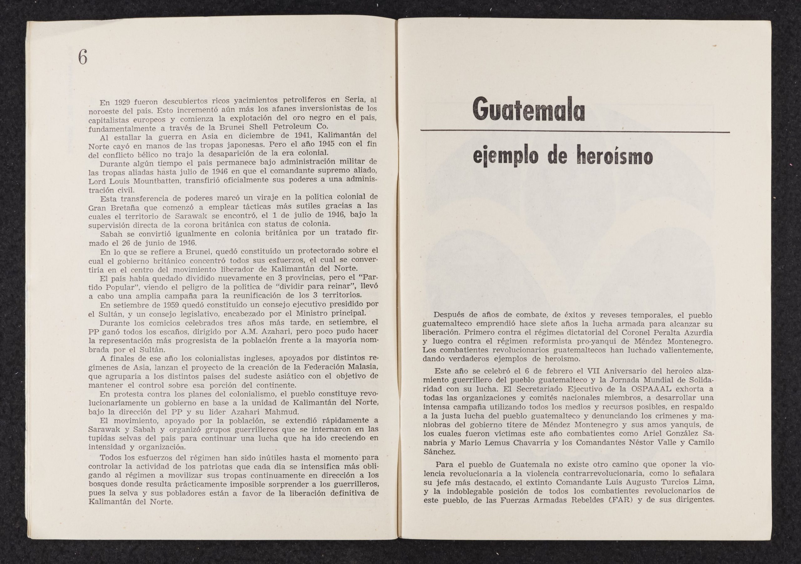 Image credit: Copyright OSPAAAL (1969). Tricontinental Bulletin, Issue 35, February, pages 6-7. Accessed via British Library for Development Studies Legacy Collection. Scan copyright University of Sussex (2024). Used with kind permission. All rights reserved. A booklet open on a double-page spread. There are no images, only text. The left-hand side is a full page of text. The right-hand side has the title 'Guatemala: ejemplo de heroismo', and the text begins halfway down the page.