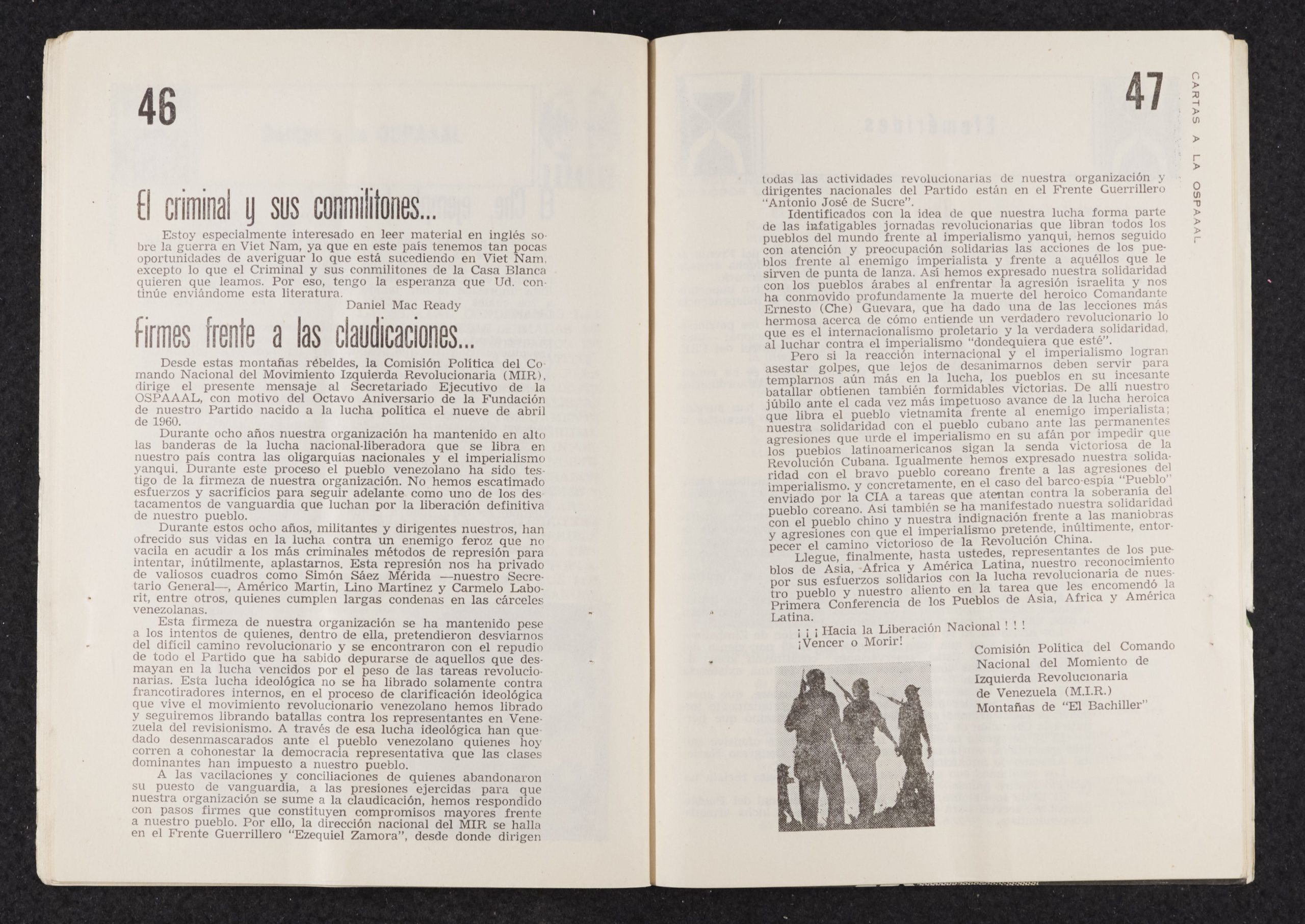 Image credit: Copyright OSPAAAL (1968). Tricontinental Bulletin, Issue 30, September 1968, pages 46-47. Accessed via British Library for Development Studies Legacy Collection. Scan copyright University of Sussex (2024). Used with kind permission. All rights reserved. A booklet open on a double-page spread. The left-hand side is a full page of text. The right-hand side is mostly text, except for a small black and white image at the bottom of the page showing three silhouetted solders walking towards the camera with rifles over their shoulders.