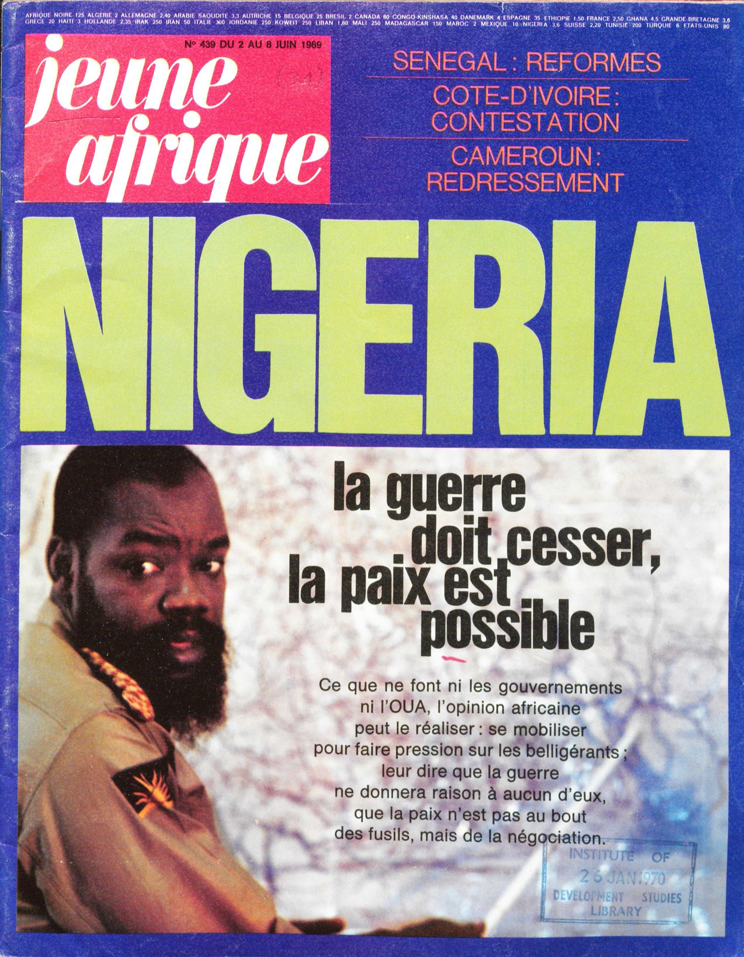 Image credit: Copyright Jeune Afrique Media Group (1969). Front cover of Jeune Afrique, No. 439. Scan University of Sussex (2024). Used with kind permission. All rights Front cover of Jeune Afrique, no. 439 (1969), depicting Chukwuemeka Odumegwu Ojukwu in Biafran army uniform turning back to look towards the camera.