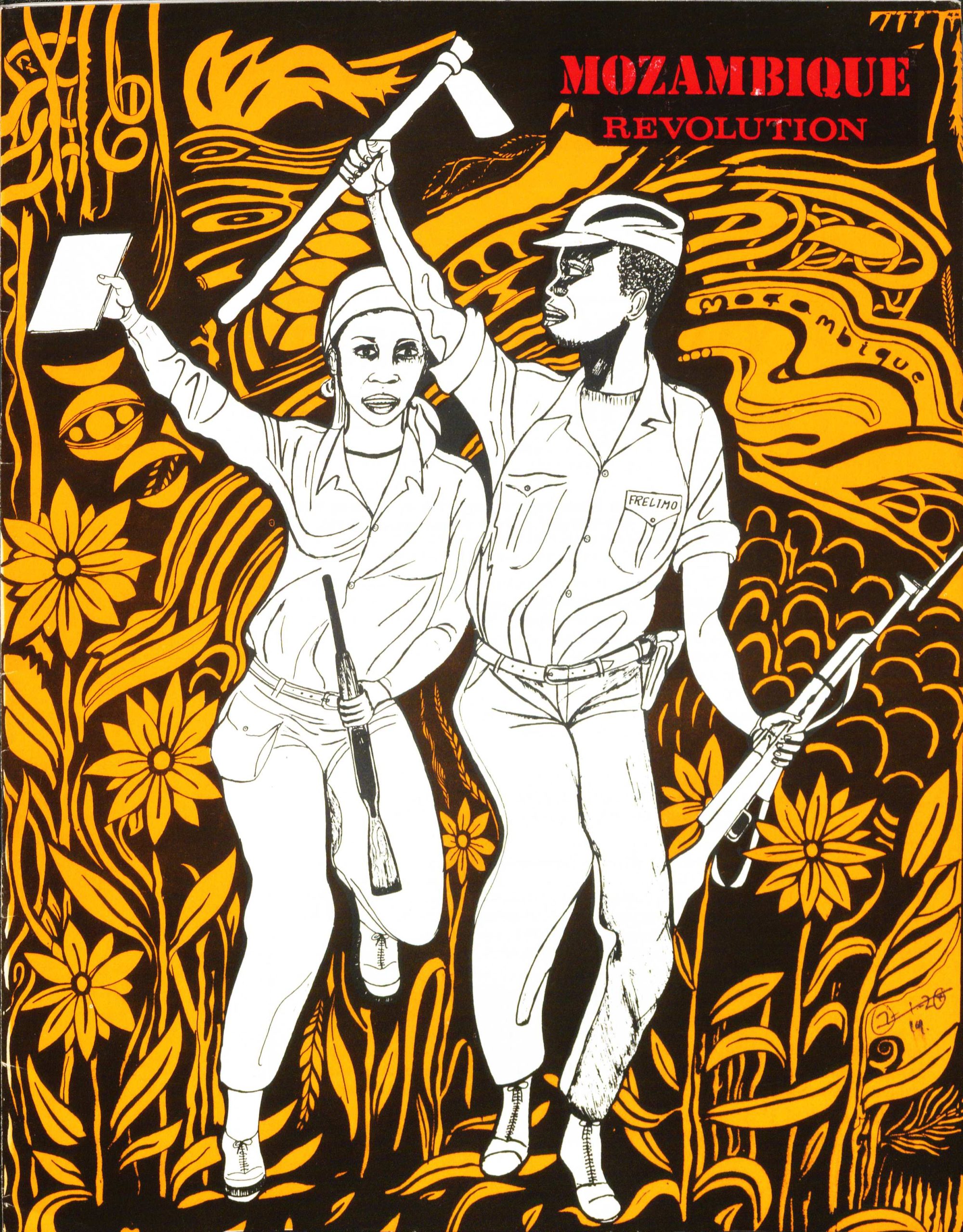 Image credit: Copyright FRELIMO (1973). Front cover of Mozambique Revolution, No. 55, April-June. Accessed via the British Library for Development Studies Legacy Collection. Scan copyright University of Sussex (2024). Used with kind permission. All rights reserved.. The front cover of Mozambique Revolution (undated, 1970s) depicts a line drawing of two people in black and white against a black and yellow flower-patterned stylised landscape. The woman is carrying a book held aloft in her right hand and a rifle in her left. The man is carrying a hand axe held aloft in his right hand and a rifle in his left. They both appear to be in combat clothing. The title 'Mozambique Revolution' is in red in the top right-hand corner.