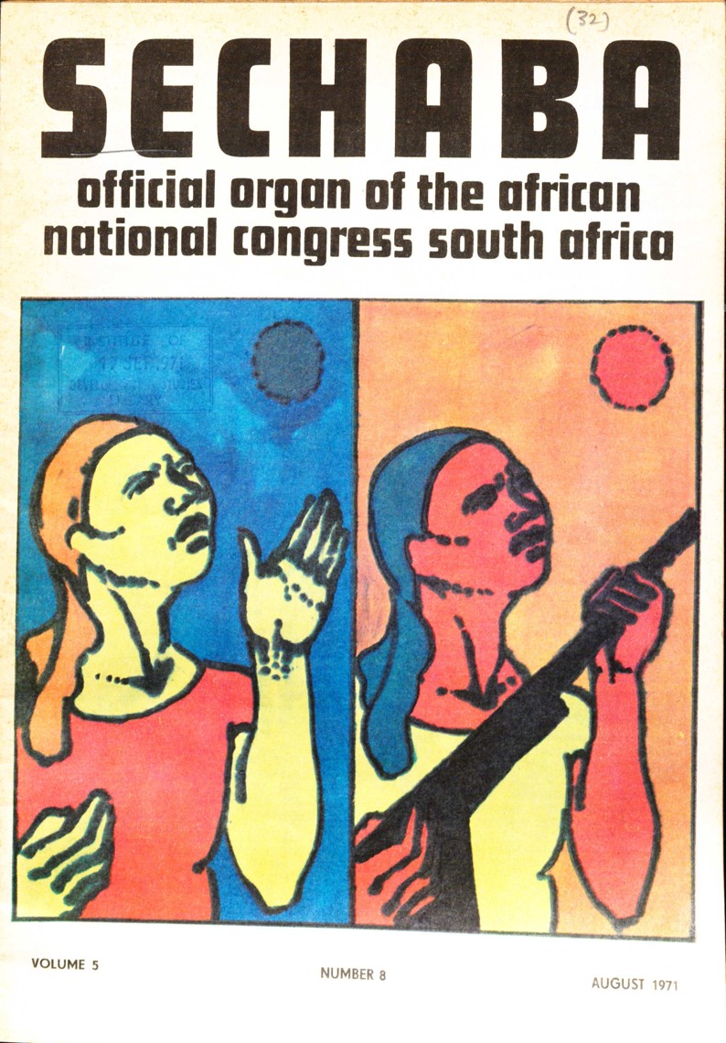 Front cover of Sechaba: Official Organ of the African National Congress South Africa, vol. 5 no. 8 (August 1971), depicting a stylised female figure over two panels. In panel one they are holding their hand up, in panel two they are holding a gun.