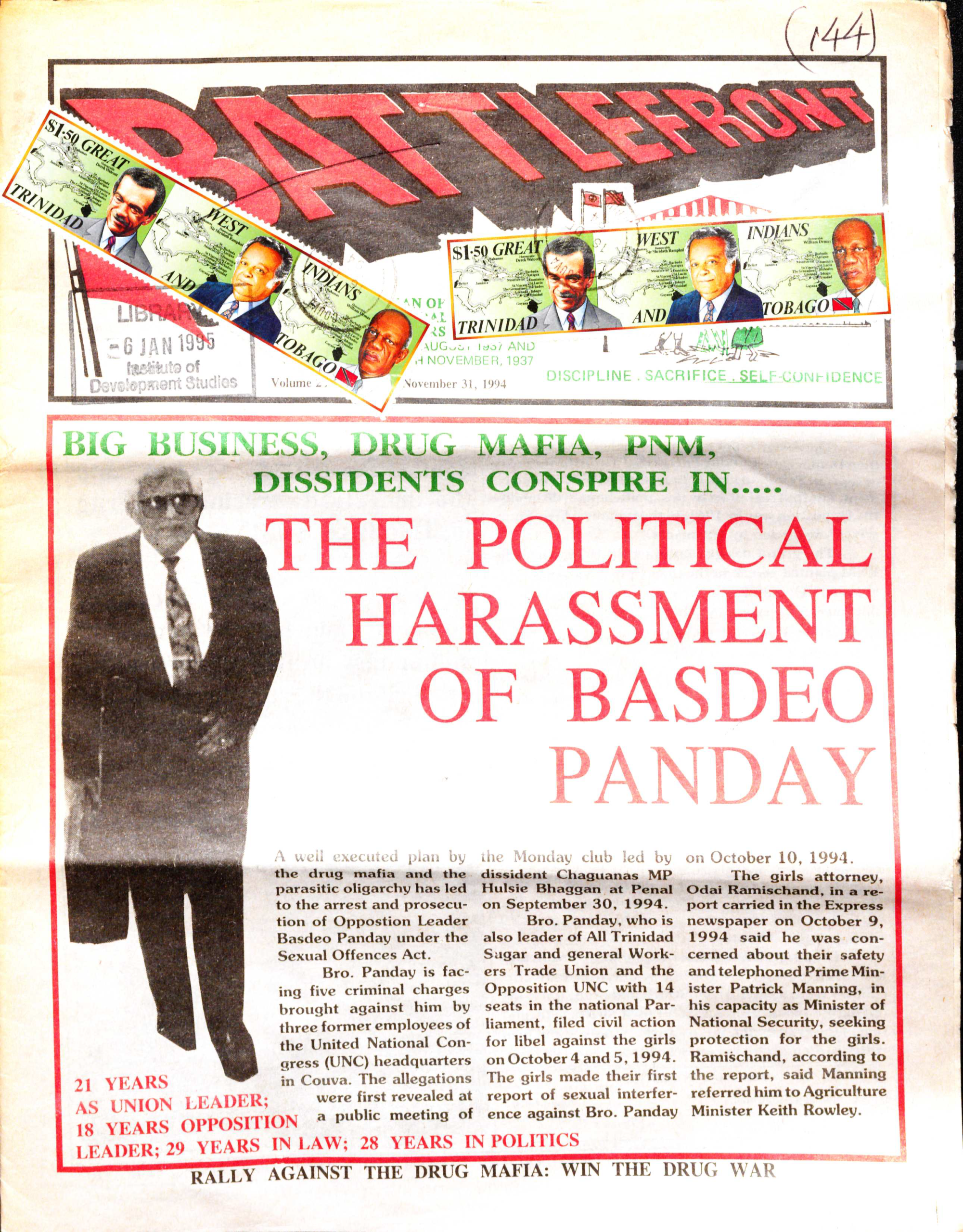 Image credit: Copyright Battlefront (1994). Front cover. Accessed via the British Library for Development Studies Legacy Collection. Scan copyright University of Sussex (2024). Used with kind permission. All rights reserved. Front cover of Battlefront (November 1994), depicting Basdeo Panday.