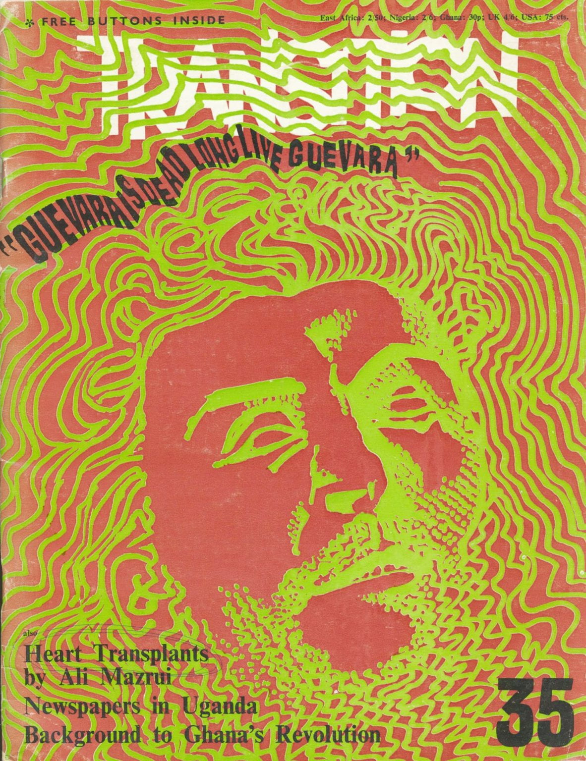 Image credit: Copyright Transition Ltd. (1968). Front cover of Transition Issue 35, 'Guevara is dead long live Guevara'. Accessed via the British Library for Development Studies Legacy Collection. Scan copyright University of Sussex (2024). Used with kind permission. All rights reserved. Front cover of Transition, no. 35, depicting a man's face drawn in a psychedelic style in lime green on a red background, with the phrase 'Guevara is dead long live Guevara' in black type.
