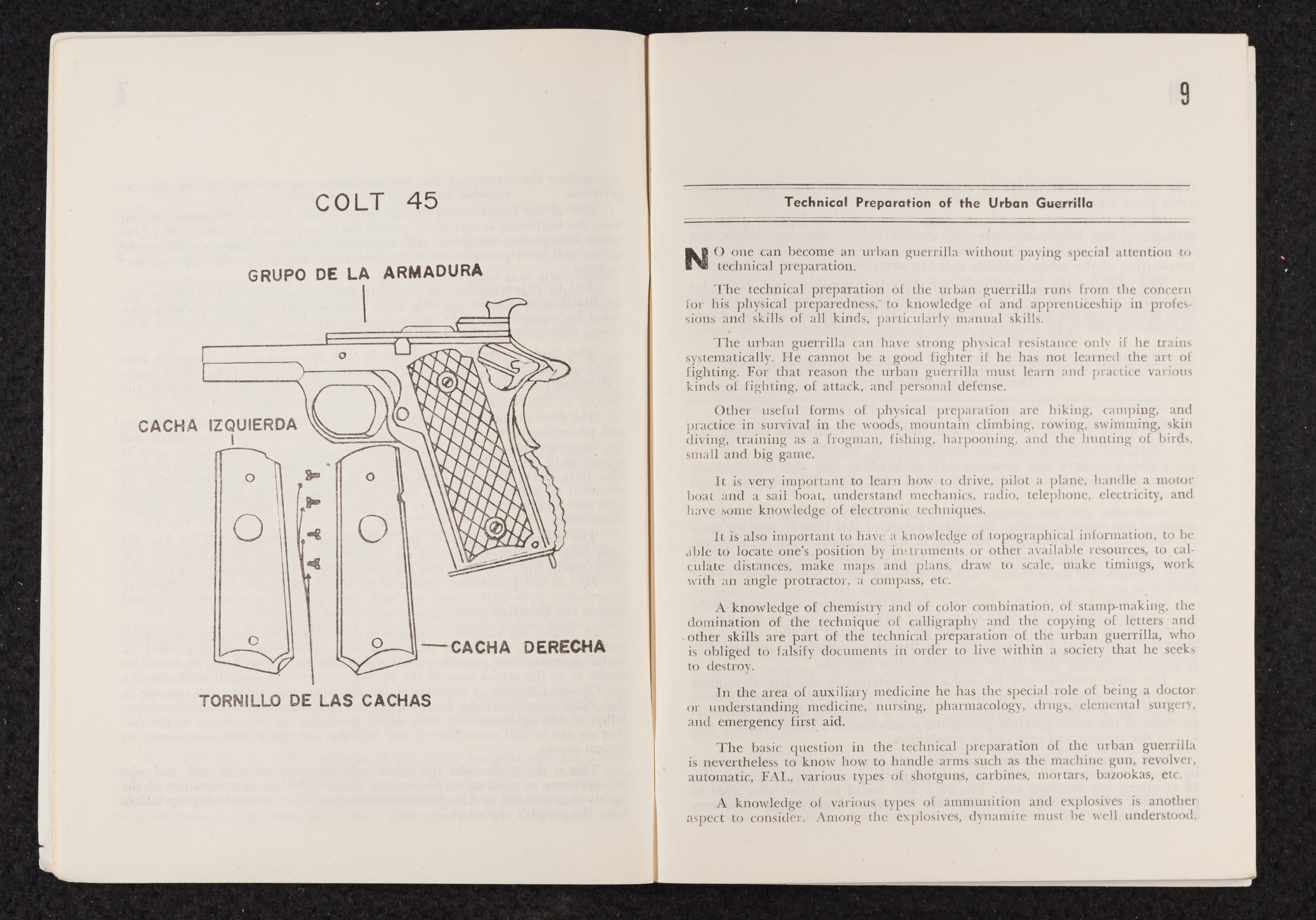 Image credit: Copyright OSPAAAL (1970). Tricontinental Review, No. 56, pages 8-9. Accessed via British Library for Development Studies Legacy Collection. Scan courtesy University of Sussex (2024). All rights reserved. A double-page spread showing pages 8 and 9 of Issue 56. On the left is a line drawing of a Colt 45 revolver with labelled parts. On the right, the beginning of the article entitled 'Technical preparation of the Urban Guerilla'.