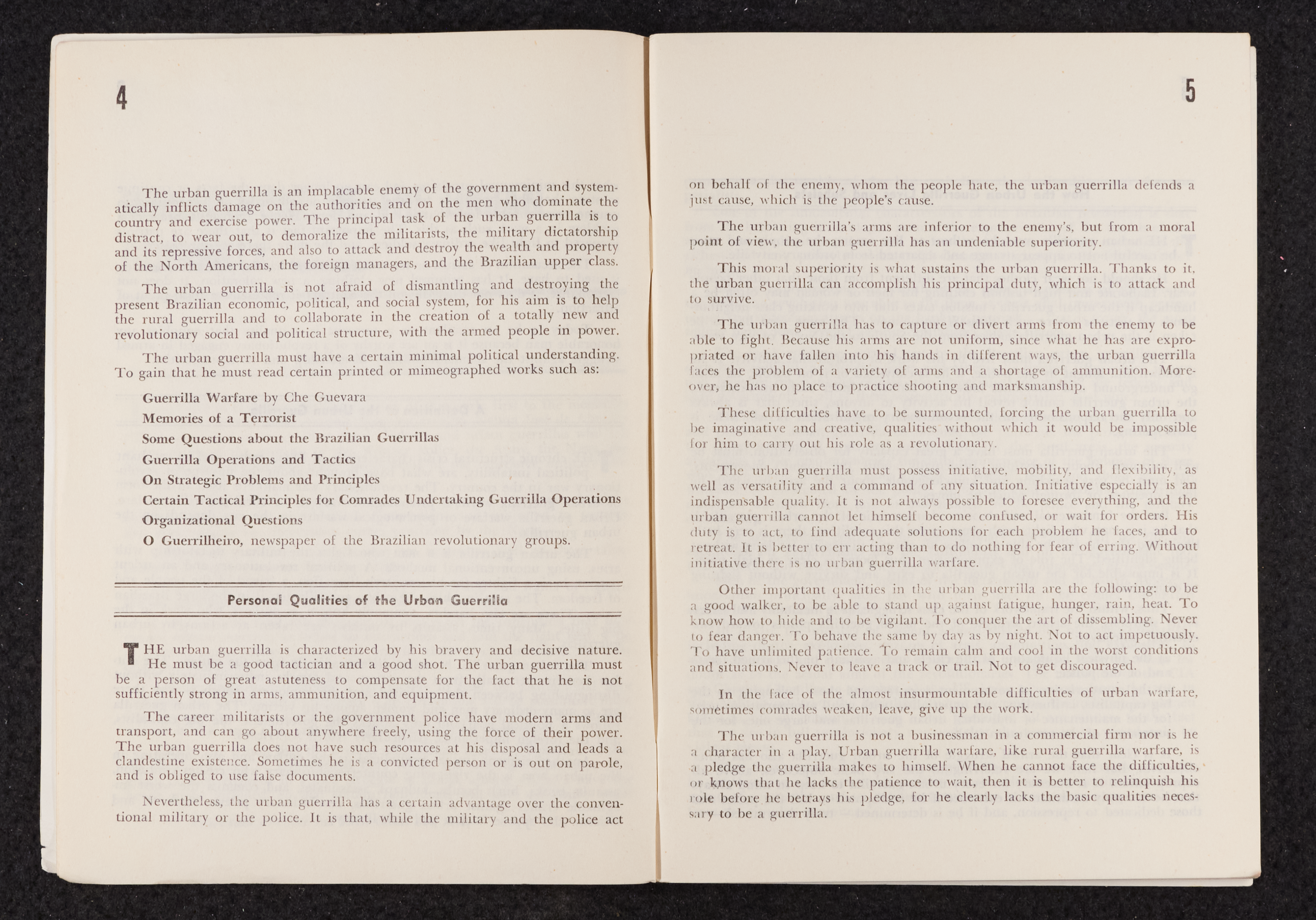 Image credit: Copyright OSPAAAL (1970). Tricontinental Review, No. 56, pages 4-5. Accessed via British Library for Development Studies Legacy Collection. Scan courtesy University of Sussex (2024). All rights reserved. Pages 4 and 5 of Issue 56, text only, show the beginning of a section with the header 'Personal Qualities of the Urban Guerilla'.