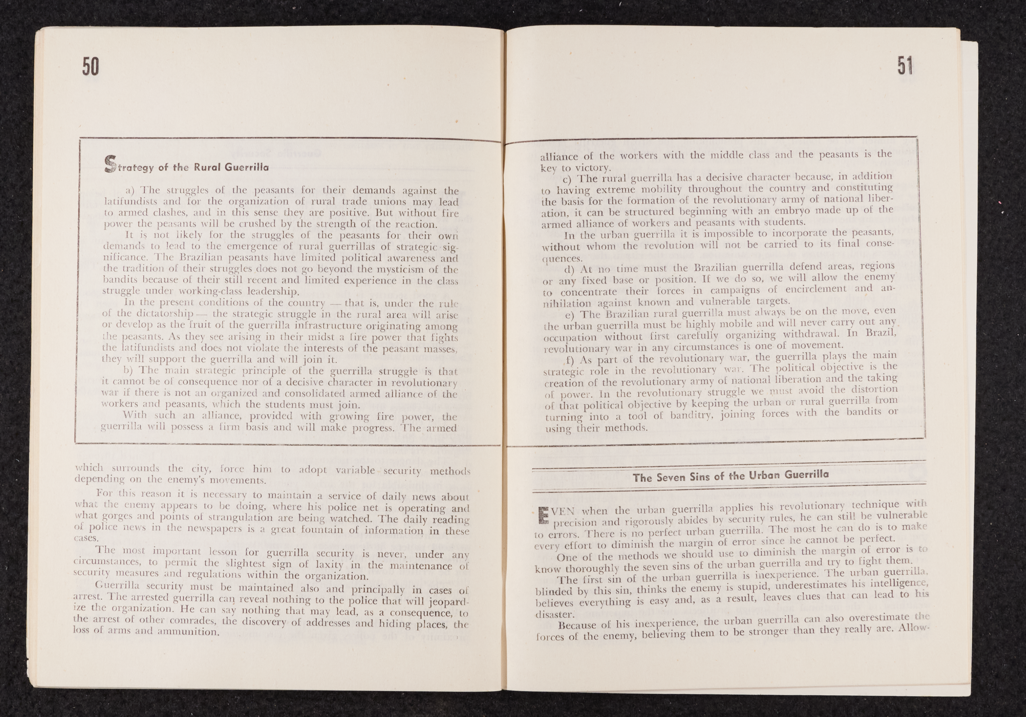 Image credit: Copyright OSPAAAL (1970). Tricontinental Review, No. 56, pages 50-51. Accessed via British Library for Development Studies Legacy Collection. Scan courtesy University of Sussex (2024). All rights reserved. A double-page spread showing pages 50 and 51. Covering both pages is a header box entitled 'Strategy of the Rural Guerilla'. Below this on page 51 is the header 'The Seven Sins of the Urban Guerilla' with its opening paragraph.