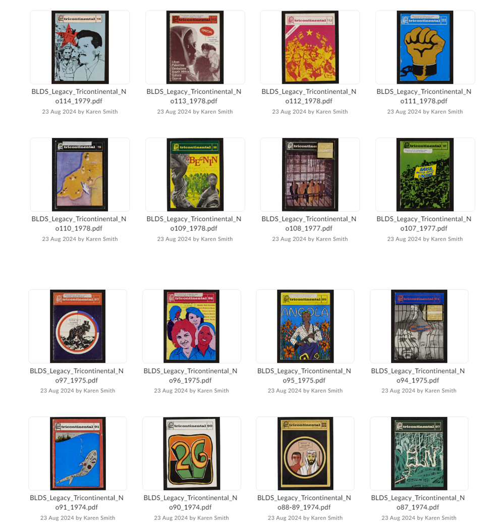 Image credit: Screenshot of Tricontinental front cover thumbnails by Karen Smith (2024). Copyright University of Sussex. Used with kind permission. All rights reserved. A screenshot showing thumbnail icons of 16 front covers of the Tricontinental magazines scanned as part of the project