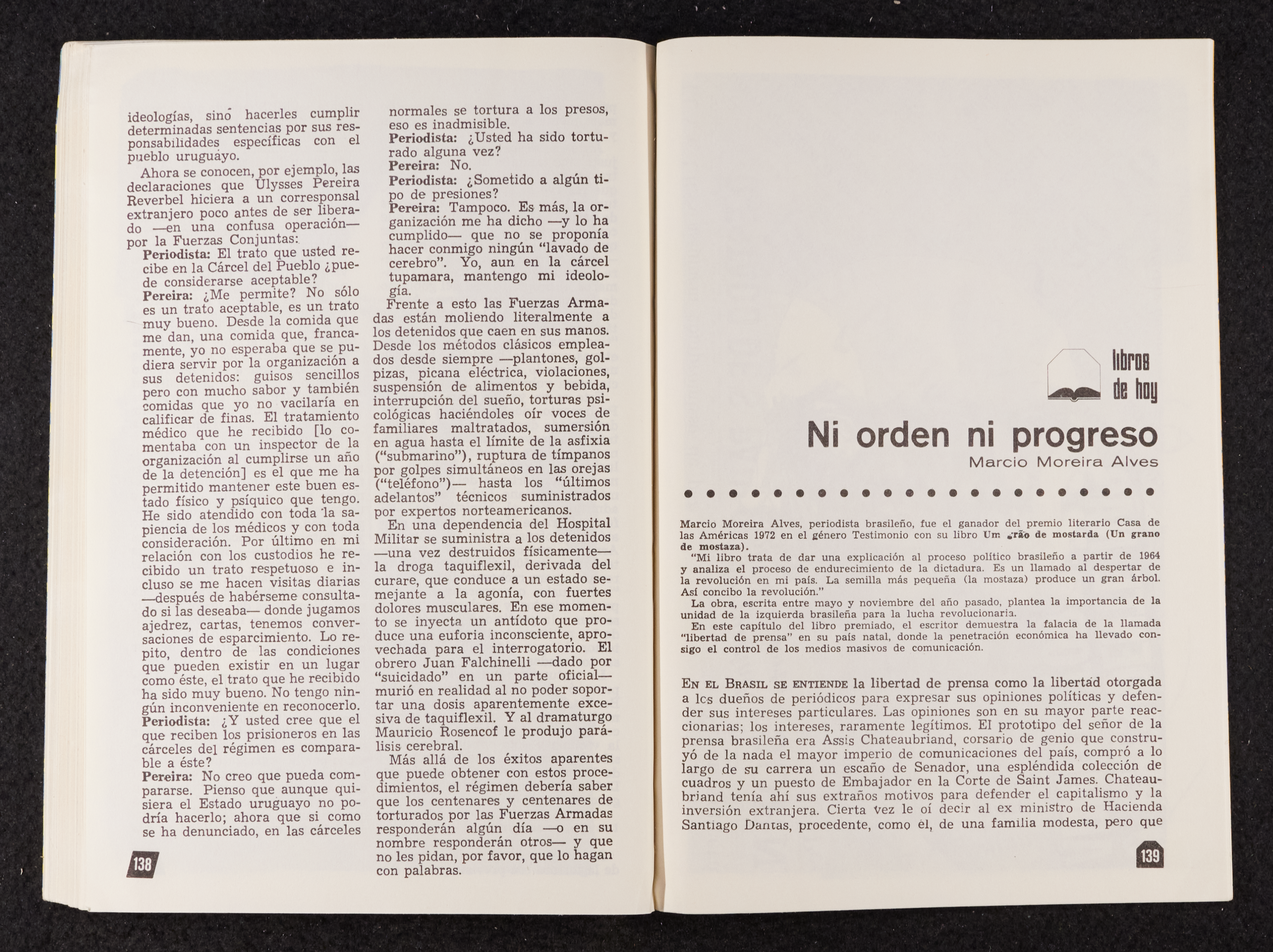 Image credit: Copyright OSPAAAL (1972). Tricontinental Review, no. 32 (1972): pp. 138-139. Accessed via British Library of Development Studies Legacy Collection. Scan courtesy University of Sussex (2024). Used with kind permission. All rights reserved. A booklet open on a double-page spread. The left-hand side is a full page of text. The right-hand side is the first page of an article titled 'Ni orden ni progreso'.
