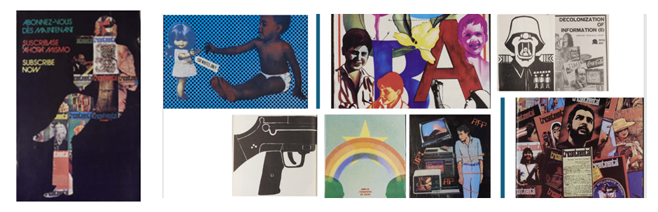 Image credit: Montage of Tricontinental images by Karen Smith (2024). Scans copyright University of Sussex. Used with kind permission. All rights reserved. A selection of 8 images from the journal highlighting the striking visual style of the artists