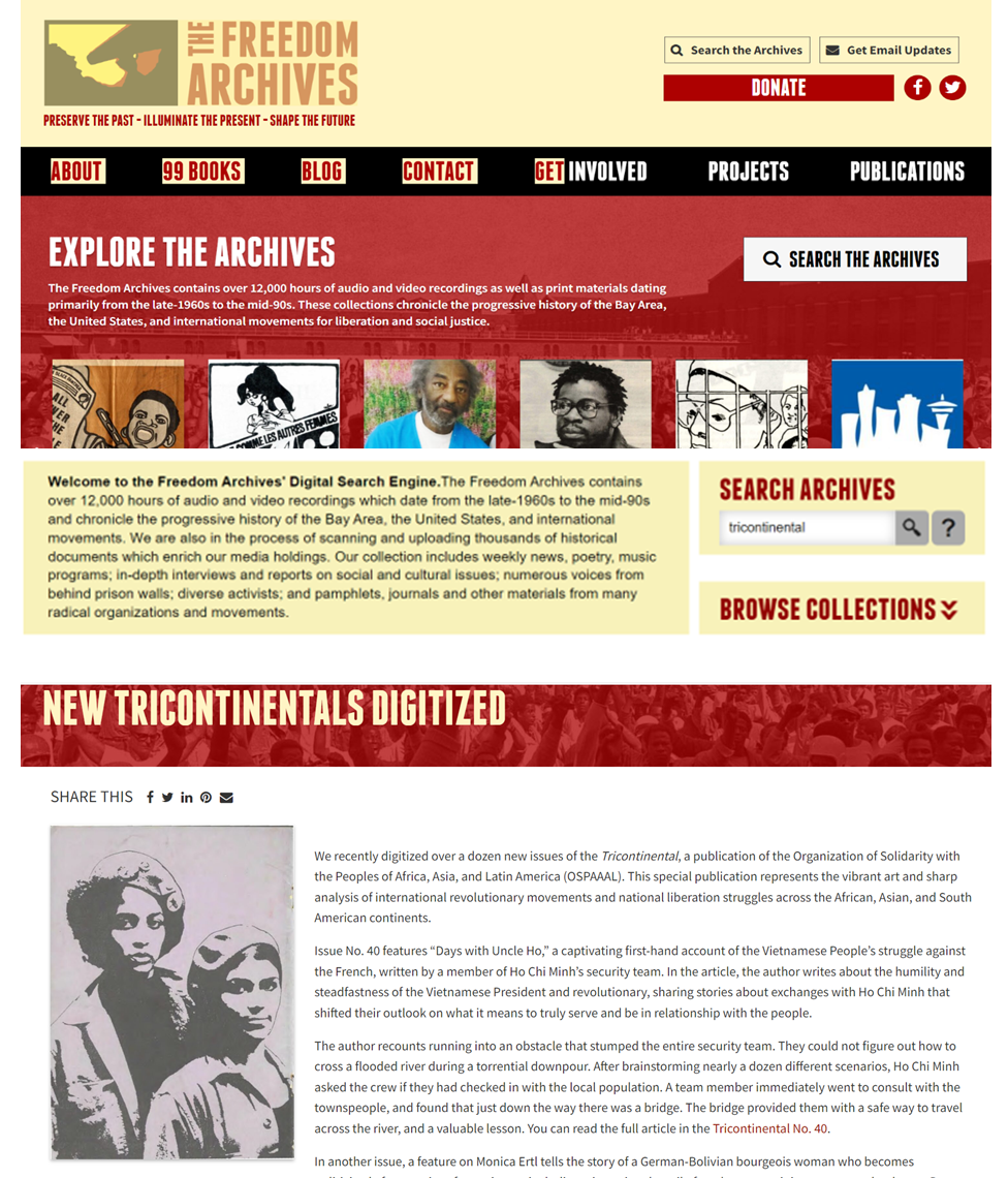 Image credit: Copyright (2024) The Freedom Archives. Screenshot of website. Used with kind permission. All rights reserved. The screenshot shows the resources made available to the user by Freedom Archives, with an invitation to explore the archival collections. A header announces 'New Tricontinentals Digitized'.
