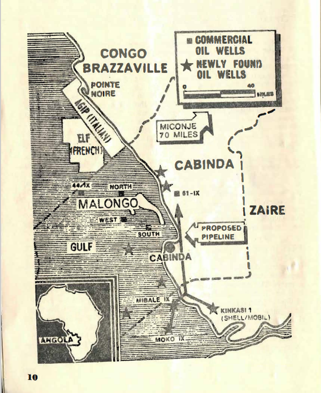 Image credit: Copyright OSPAAAL (1975). Tricontinental Bulletin Especial (Anglola). Scan courtesy Freedom Archives. Personal use only. Available from: https://freedomarchives.org/Documents/Finder/DOC51_scans/51.Cuba.Tricontinental.Especial.pdf A black and white, zoomed-in hand-drawn map of Congo and Angola details commercial and newly-found oil wells.