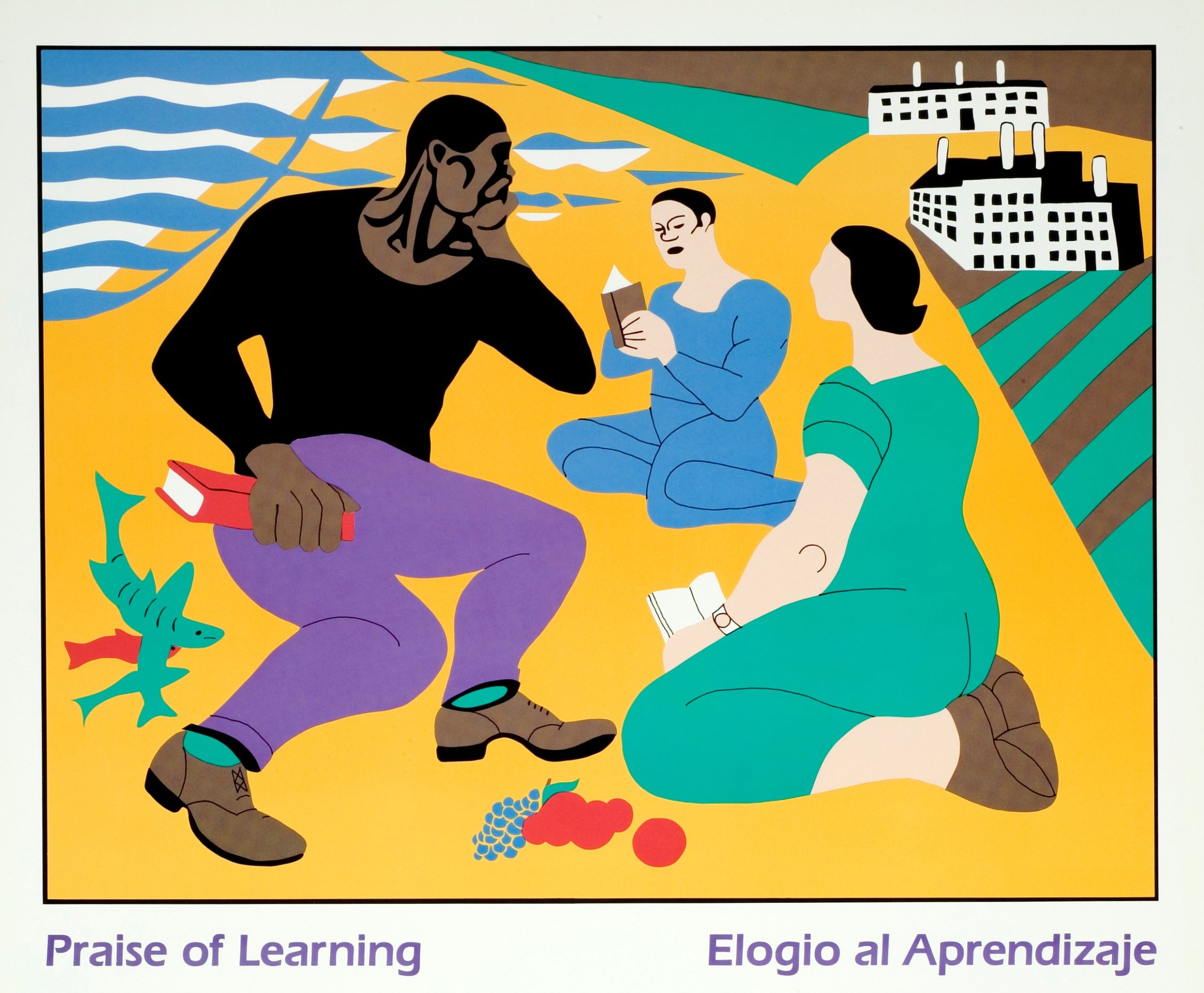 Image credit: 'Praise of Learning / Elogia Al Aprendizaje’. Original art by Domingo Ulloa, converted to screenprint 1979 and offset 1983 by Lincoln Cushing. Copyright Lincoln Cushing (1979). Scan courtesy of Lincoln Cushing via Docs Populi. For personal research use only. Available from: https://www.docspopuli.org/LincolnCat/detail.np/detail-16.html A vibrant multi-coloured graphic illustration of three ethnically diverse people sitting on a beach holding and reading books and engaging in thought and conversation. The sea and factory-like buildings are in the background and fruit and fish are next to the seated figures in the foreground.