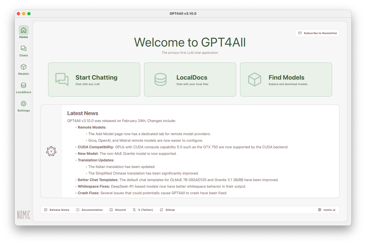 Image credit: Copyright NOMIC. Screenshot of GPT4All v3.10.0 open source software. Available at https://www.nomic.ai/gpt4all A screenshot showing the welcome screen of an open source computer program developed by Nomic. The text at the top of the page says 'Welcome to GPT4All'. Below are three options: 'Start Chatting', with an icon of two speech bubbles, 'LocalDocs', with an icon of a stacked cylinder, and 'Find Models', with an icon of a cube. The text below is headed 'Latest News'.