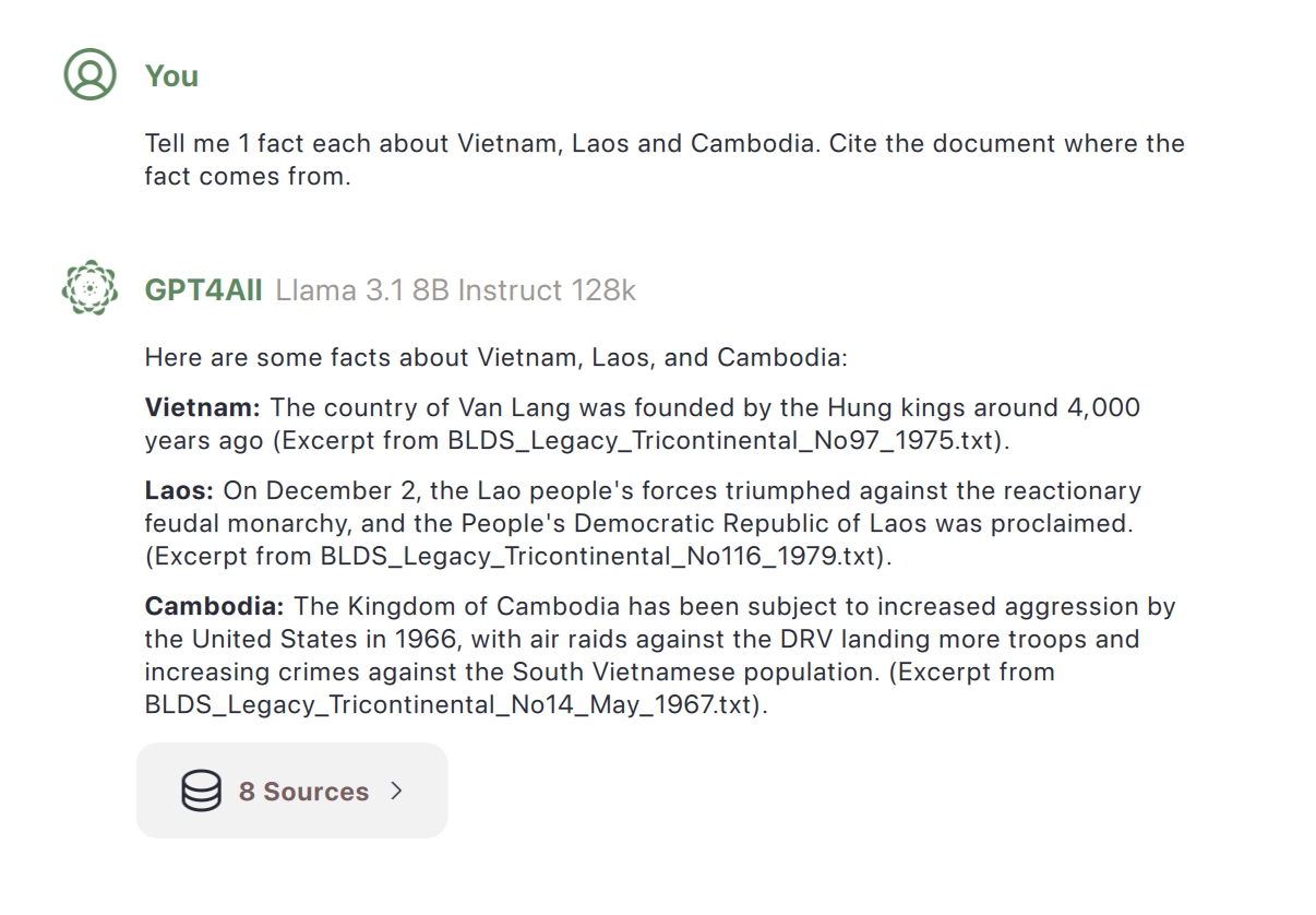 Image credit: Copyright NOMIC. Screenshot of GPT4All v3.10.0 open source software. Available at https://www.nomic.ai/gpt4all A screenshot showing another query to the chat, this time with natural language instruction about the returned information, asking for one fact each about Vietnam, Laos and Cambodia, with a request to cite the document where the fact comes from.