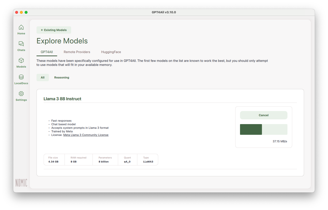 Image credit: Copyright NOMIC. Screenshot of GPT4All v3.10.0 open source software. Available at https://www.nomic.ai/gpt4all A screenshot showing GPT4All on the 'Explore Models' option.