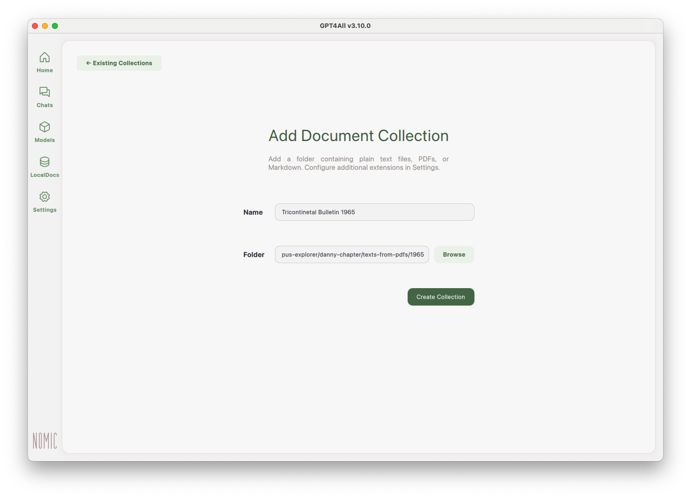 Image credit: Copyright NOMIC. Screenshot of GPT4All v3.10.0 open source software. Available at https://www.nomic.ai/gpt4all A screenshot showing GPT4All on the 'Add Document Collection' page.